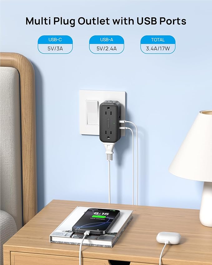TROND Wall Outlet Extender with 360 Rotating Plug, Multi Plug Wall Outlet with 4 Electrical Sockets and 4 USB Ports, 900 Joules Surge Protection, USB Charging Station for Home Office Travel, Black