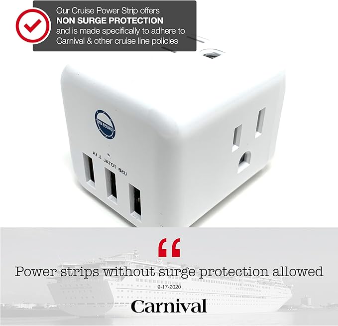 Cruise Approved Power Strip Non Surge Protector for Cruise Ship Multi Plug, 6 Outlets, 3 USB & 3 AC Outlet for Carnival, Celebrity, Princess, Norwegian & Major Lines in 2026 & 2027