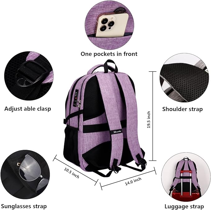 SHRRADOO Anti Theft Laptop Backpack Travel Backpacks with Combination Lock for Women Men College Backpack Computer Bag Fits 17 Inch Laptop,Purple | Travel Backpacks