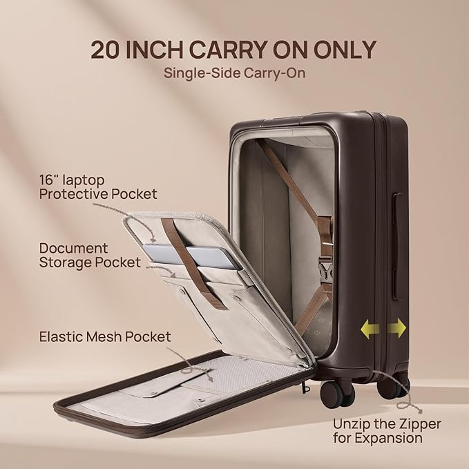 NINETYGO Carry On Luggage 22x14x9 Airline Approved, Top Opening 20 Inch Suitcase with Front Compartment, Expandable, Coffee-Infused PC Shell, Eco-Friendly, Cup Holder, TSA, Spinner Wheels (Americano)
