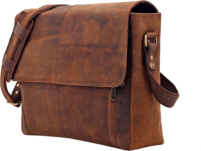 Full Grain Leather Messenger Bag – Brown Buffalo Leather Laptop Briefcase for Men, Handmade Vintage Satchel Crossbody Bag for Work Office College Travel, 16 Inch Computer Business Bag