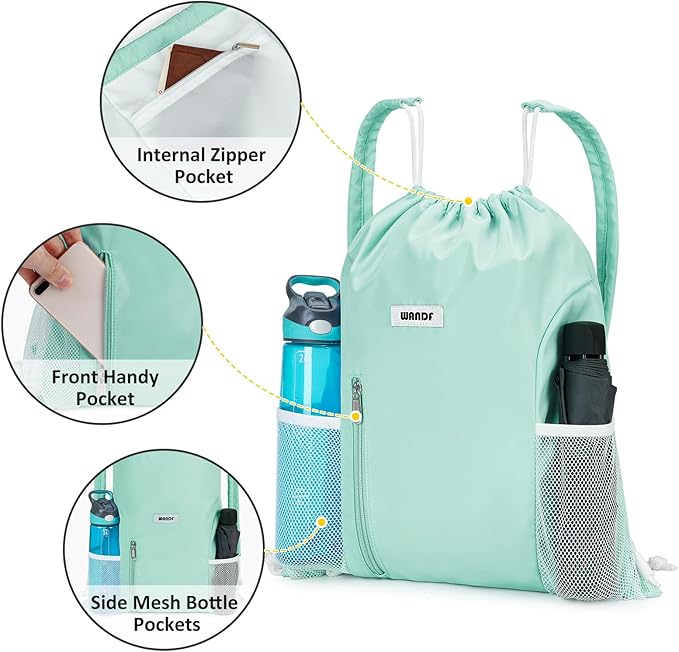 WANDF Drawstring Backpack with Shoulder Pad Sports Gym Backpack with Mesh Pocket String Bag for Women Men(Mint green)