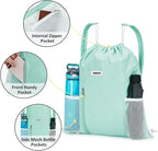 WANDF Drawstring Backpack with Shoulder Pad Sports Gym Backpack with Mesh Pocket String Bag for Women Men(Mint green)