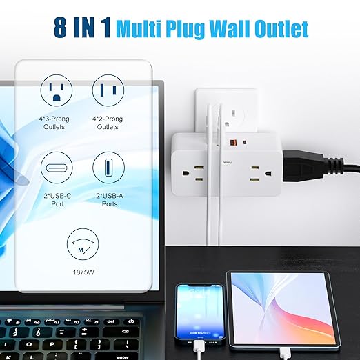 Surge Protector Outlet Extender with Rotating Plug, Multi Plug Outlet Extender with 4 Splitter and 2 USB Ports & 2 USB C Wall Charger, 3 Side Swivel Splitter for Home Office Dorm Travel