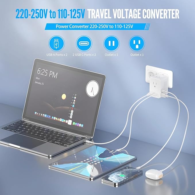 220V to 110V Voltage Converter US to Europe, Travel Adapter Plug Converter for European with 20W PD & 2USB-A & 2USB-C, European Power Converter Combo USA to Spain Italy France, White