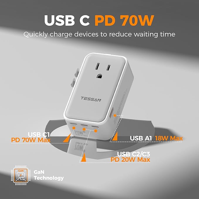 TESSAN Universal Travel Adapter 70W, Ultra Thin International Power Adapter with 4 USB Ports (3 USB C), Worldwide Plug Adaptor for US to European UK Australia Spain France Ireland (Type C G A I)