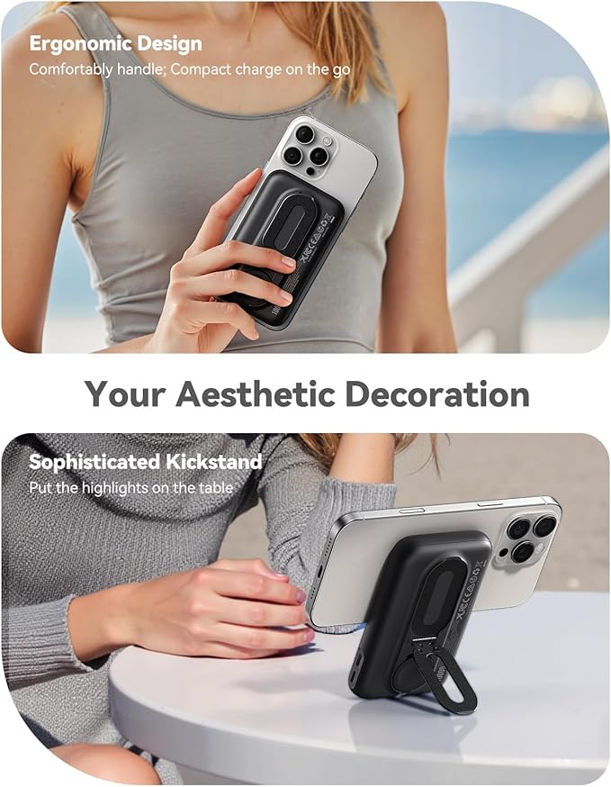 Magnetic Portable Charger for iPhone and Apple Watch, 10000mAh Wireless Power Bank PD 20W USB-C Fast Charging Battery Pack with Stand for iPhone Air 17/16/15/14/13/12 Pro Max、iWatch 11-1/SE/Ultra 3-1