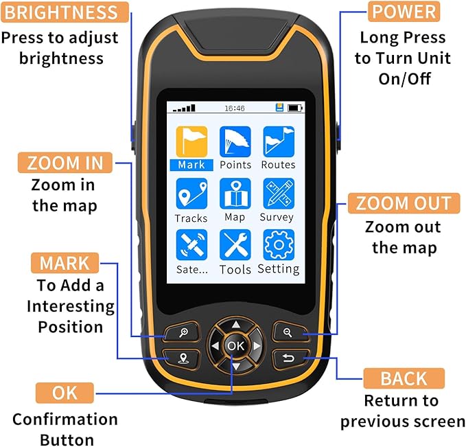 Handheld GPS for Hiking, Rugged and Waterproof Handheld GPS Navigator, 3.2" Sunlight Readable Screen, Compact Satellite Handheld GPS with USA Topo Map, Multi-GNSS Support, Extra Battery Life