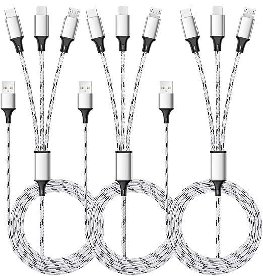 Multi Charging Cable, 5ft 3Pack Multi Charger Cable Nylon Braided Multiple USB Universal 3 in 1 Charging Cord Adapter with Type-C, Micro USB Port Connectors for Cell Phones and More