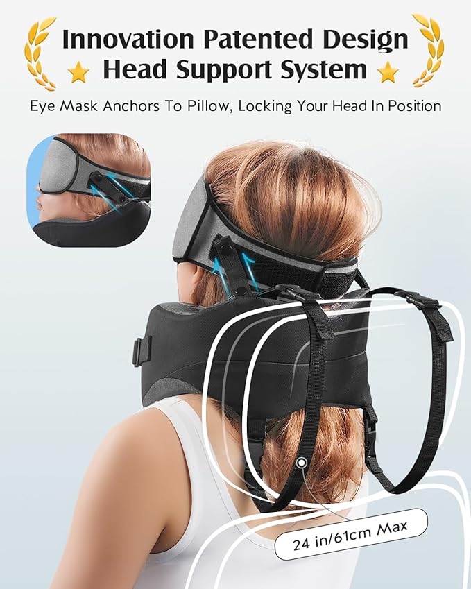 YFONG Travel Pillow for Long Flight Airplane, Head Strap Combo with 3D Contoured Sleep Eye Mask, Neck Pillow for Travel Essential, 360° Support Memory Foam Headrest, Prevent Bobbing, Drawstrap - Grey