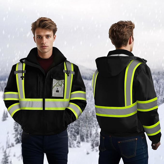 Hi Vis Rain Jackets, Reflective Safety Jacket with Pockets for Men& Women, Construction Coats for Cold Weather, Waterproof Rain Gear, Class 3, Black with Bottom, 4XL