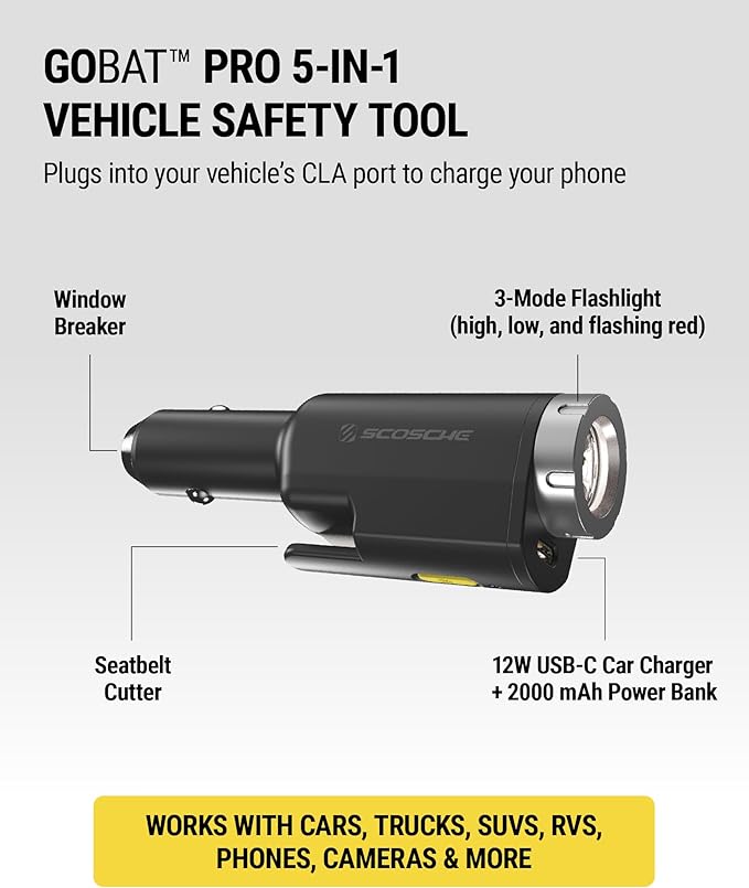 Scosche PB5N1 GoBat Pro 5-in-1 Vehicle Safety Kit, Emergency Car Escape Tool with Seatbelt Cutter, Glass Window Breaker, LED Flashlight, 12W USB-C Car Charger and Portable Power Bank