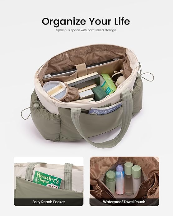 LOVEVOOK Gym Tote Bag for Women, Puffy Yoga Mat Bag with Large Cup Holder & Wet Pocket, Work Nurse Bag for Travel Workout