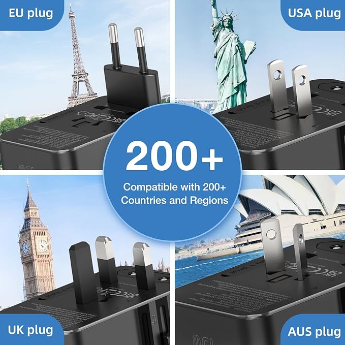 45W Universal Travel Adapter – Compact Plug with 3 USB-C & 2 USB-A Ports for EU/UK/US/AU, International Power Adapter Worldwide Charger, CE/FCC/RoHS Certified (Blue)