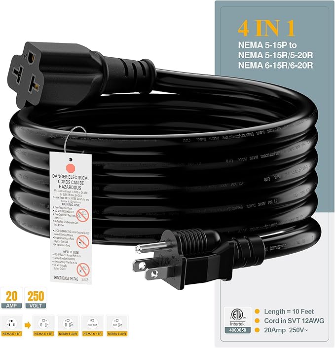 (10-Feet) NEMA 5-15P to 5-15R/ 5-20R/ 6-15R/ 6-20R AC Adapter, Plugrand 12AWG 15 Amp Household AC Plug to 20 Amp T Blade Adapter Cable, 15A 125V to 20A 250V Extension Cable, 10FT, Yellow