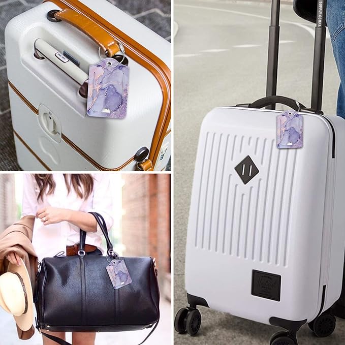 Fintie Luggage Tags, Privacy Cover ID Label with Stainless Steel Loop and Address Card for Travel Bag Suitcase - Lilac Marble (2 Piece)