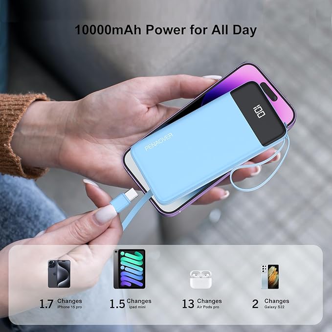 Portable Charger Built-in Cables,10000mAh Power Bank for iPhone,Fast Charge USB C Battery Pack Travel Essentials Slim Lightweight Powerbank Compatible with iPhone 17/16/15/14, Samsung, Android, etc