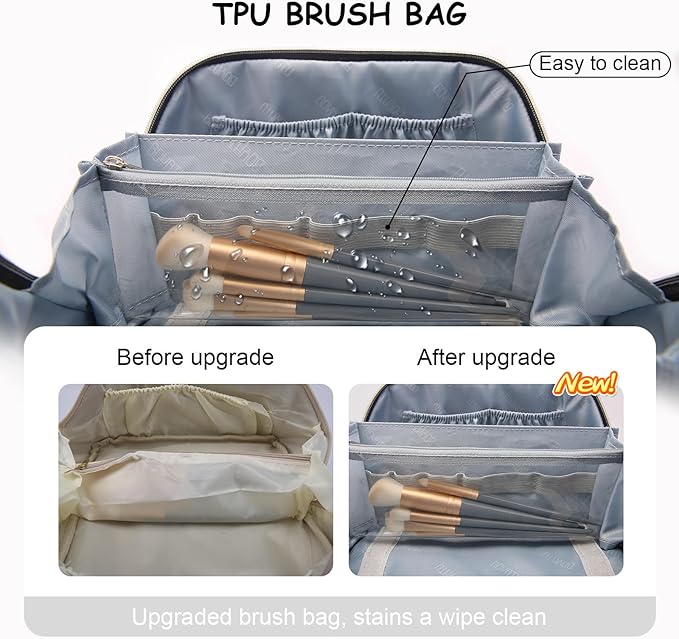BOYATU Travel Makeup Bag Cosmetic Bags for Women: Large Capacity 3 Pcs Set Make up Bag with Compartments - Waterproof Vegan Leather Toiletry Organizer Bags with Handle (L09 Beige)