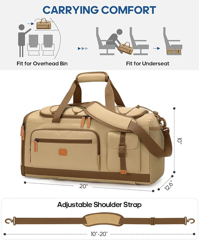 Gym Bag for Men and Women with Shoe & Laptop Compartment, 3-in-1 Sports Travel Duffel Bag Anti-Theft Weekender Carry-on Backpack for Airplane & Workout, Overnight Travel Bag, 35L, Khaki, Medium