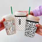 Reusable Insulated Neoprene Iced Coffee Cup Sleeve, Durable Drink Sleeve for Cold Beverages, Beverage Holder for Iced Coffee, Black Polka Dots