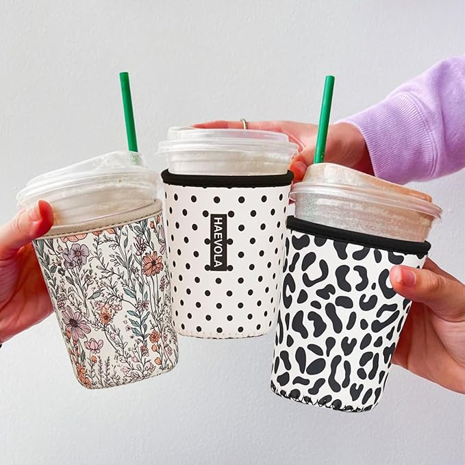 Reusable Insulated Neoprene Iced Coffee Cup Sleeve, Durable Drink Sleeve for Cold Beverages, Beverage Holder for Iced Coffee, Black Polka Dots