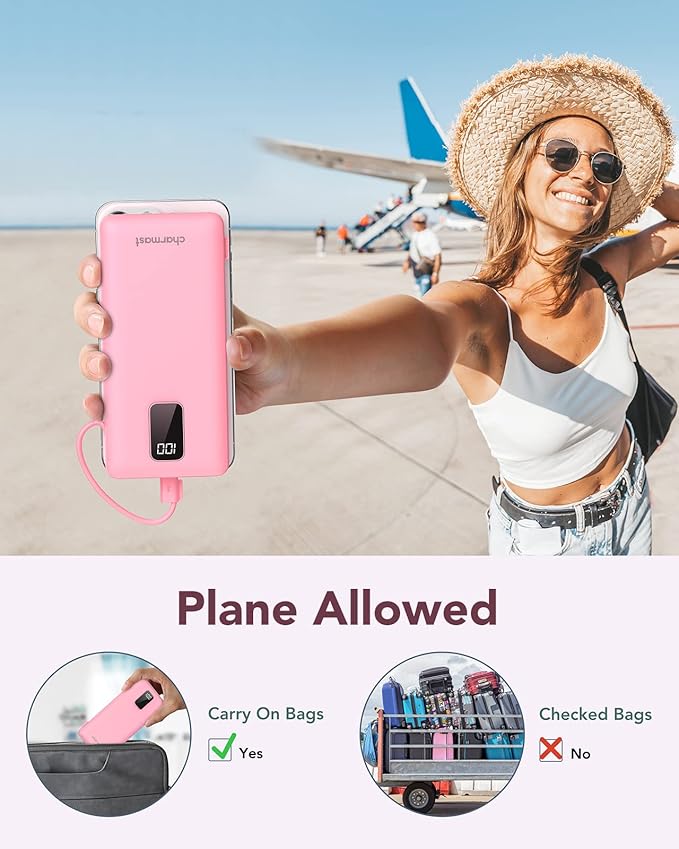 charmast Portable Charger with Built-in Cables and Wall Plug, 10000mAh USB C Portable Power Bank, Potable Phone Charger, Travel Essentials Compatible with iPhones, Samsung Galaxy, iPad