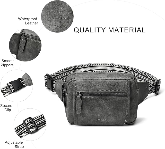 LATMAP 3L TRIPLE ZIP Fanny Packs Belt Bag For Women Men Crossbody Waist Pack Sling Chest Bum Travel Bag Purse Faux Leather Fashion Cute Dark Grey