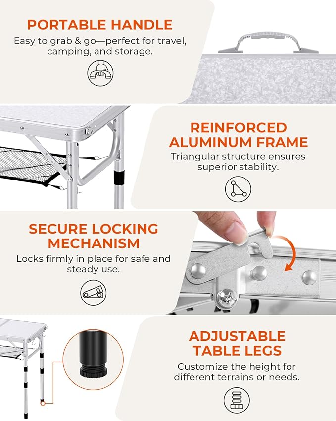 Sportneer Camping Table: Adjustable Height Small Folding Table 23.6" L x 15.7" W 4 Height with Mesh Layer - Compact & Portable Camping Essentials for Outdoor Camp Garden Picnic BBQ Dining Cooking