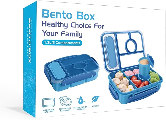 Amathley Bento Box Adult Lunch Box Kids,Lunch Containers for Adults/Kids/Toddler,5 Compartments Bento Lunch Box with Sauce Vontainers,Microwave & Dishwasher & Freezer Safe,BPA-Free (Blue)