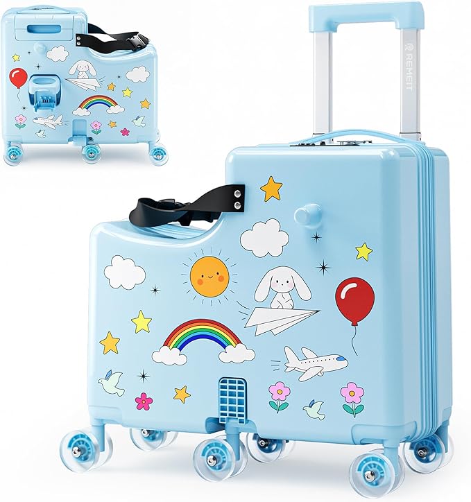 Ride on Suitcase for Kids, Hard Shell Kids Luggage with Belt, Foldable Pedal & Front Grab Handles, Hidden Cup Holder, TSA Lock, 6 Spinner Wheels, Kids Carry on Suitcase for Travel, Blue