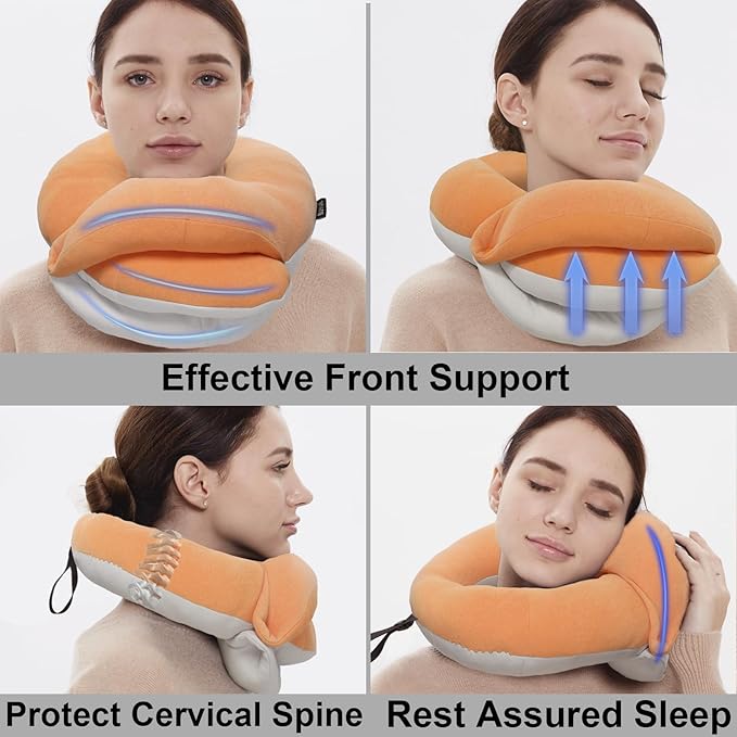 BUYUE Travel Neck Pillows for Airplanes, Memory Foam 360° Head Support Sleep for Long Flight, Skin-Friendly & Breathable, Kit with Eye Mask, Earplugs and Storage Bag (Adult, Orange, 90+ lbs)