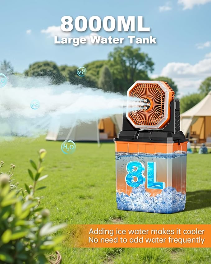 Orteen Portable Misting Fan, Rechargeable Outdoor Cooler, Battery Operated Personal Fan with3 Speeds & 8L Bucket for Patio, Camping,Hiking, Backyard, Travel, Desk,Pool, Beach