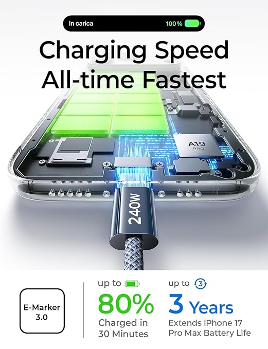 LISEN for MacBook Pro Charger Cord 10FT 240W USB C Charger Fast Charging Cable【Safety Max Power Charging】 Compatible with MacBook Pro/Air M5 M4 M3 M2 M1, iPad Air Pro M5 M4,10ft/1 Pack/Midnight