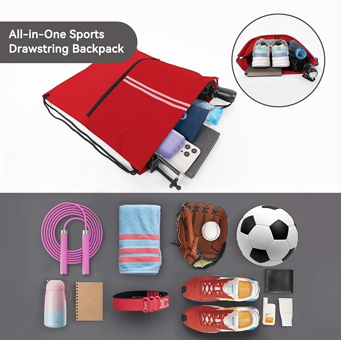 Drawstring Backpack Large Sports Draw String Bag for Women and Men (Red)
