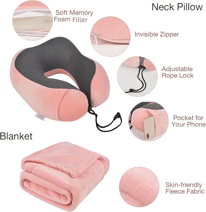 Travel Pillow and Blanket Set & Foot Rest, Memory Foam Neck Pillow Airplane Blanket & Airplane Foot Hammock & Foldable Duffel Bag, Eye Mask & Earplugs, Portable Travel Accessories Essentials, Pink