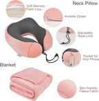 Travel Pillow and Blanket Set & Foot Rest, Memory Foam Neck Pillow Airplane Blanket & Airplane Foot Hammock & Foldable Duffel Bag, Eye Mask & Earplugs, Portable Travel Accessories Essentials, Pink