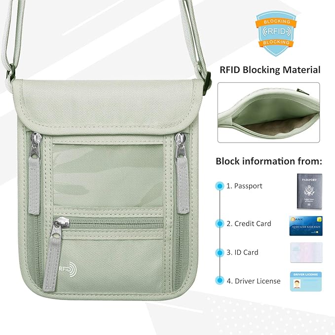 WALNEW Passport Holder Neck Pouch Travel Wallet for Women and Men, RFID Blocking Security Slim Traveling Wallet with Around Neck Lanyard Strap, Light Green