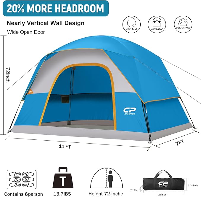 CAMPROS CP Camping Tent 2/4/6 Person, Waterproof Windproof Double Layer Dome Tent, Easy Setup with Large Mesh Windows & Wide Door for Outdoor Camping Backyard
