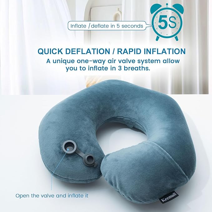 Keemall Inflatable Travel Neck Pillow for Airplane Train Car Washable Pillowcase U Shaped Office Napping Pillow