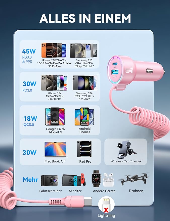 USB C 90W Car Charger for iPhone 17/16 Pro Max, PD & QC3.0 w/5 ft 45W Type C Coiled Cable, Fast Car Phone Charger Adapter for iPhone 17Air/15 Pro, Samsung Galaxy S25/S24/S23, Pixel 10/LG/Android, iPad