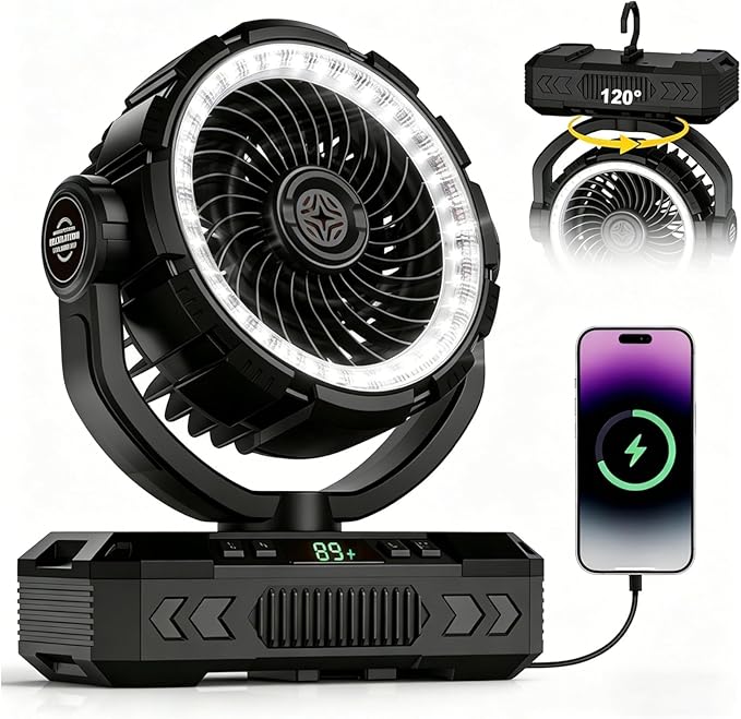 Rechargeable Camping Fan with Oscillating,【Max 60Hrs】Portable Battery Powered Operated Fan,20000mAh Outdoor Turbo Tent Fan & Light,Timer,Hook for Travel,Fishing,Jobsite,Beach,Indoor,Camping Essential