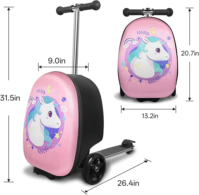 2-in-1 Kids Scooter Suitcase, 19in Large Capacity Ride-On Luggage with LED Light Wheels, Lightweight Carry-On for Fun and Travel, Durable and Cute Patterns Design for Children