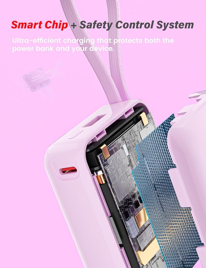 M1 Mini Portable Charger, 10000mAh Ultra-Compact Power Bank, 22.5W PD Fast Charging, Tpye-C Built-in Cable, Small External Battery Pack for iPhone, Samsung, Android iPad (Pink)