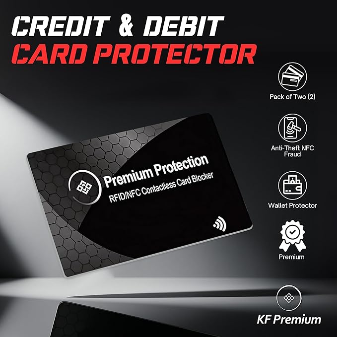KF-Premium RFID Blocking Card (2 Pack) - Ultra Thin Debit & Credit Card Protector for Travel & Passport - Anti Theft & Fraud Contactless NFC Blocker - Wallet Defender for Men & Women - Black