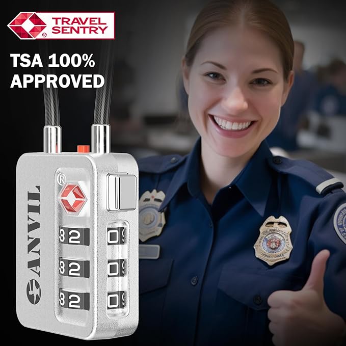 ANVIL TSA Locks for Luggage with Search Alert: Durable Cable Combination Locks, TSA Approved - Secure Travel Locks for Suitcases, Backpacks & Gun Cases.(2, Silver)