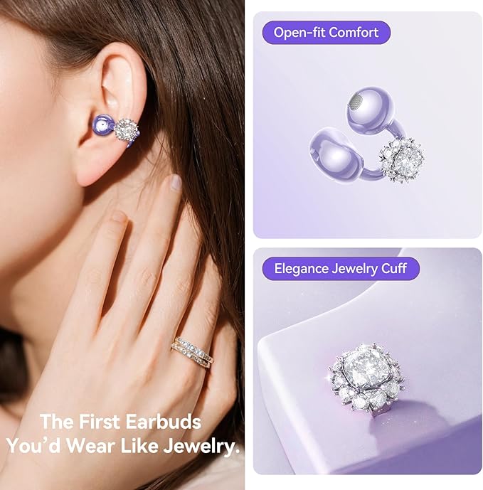 Kinglucky Jewelry-Inspired Clip-On Earbuds with Diamond Earrings, Comfortable Fit & 40H Playtime Open Ear Bluetooth 5.4 Wireless Headphones for Women, Small Ears, Sports & Workouts (Purple)