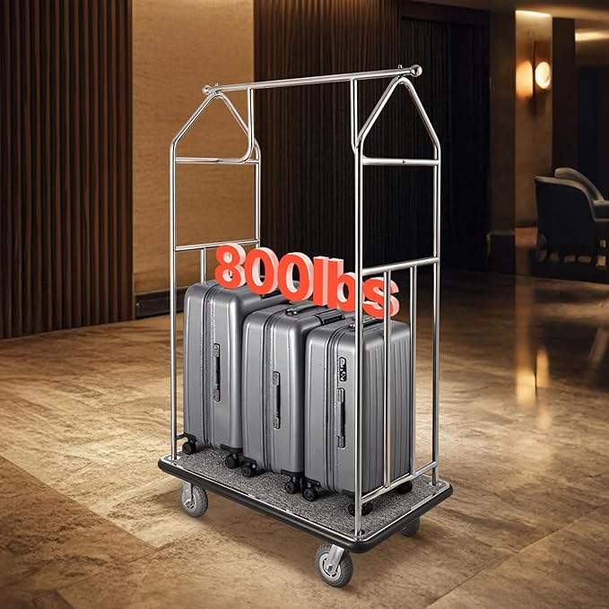 VEVOR Hotel Luggage Cart, Brushed Stainless Steel Finish Bellman's Cart, Valet Cart with Grey Carpeted Deck and 6-inch Rubber Wheels, Ideal for Hotels, Condos, Resorts, Silver