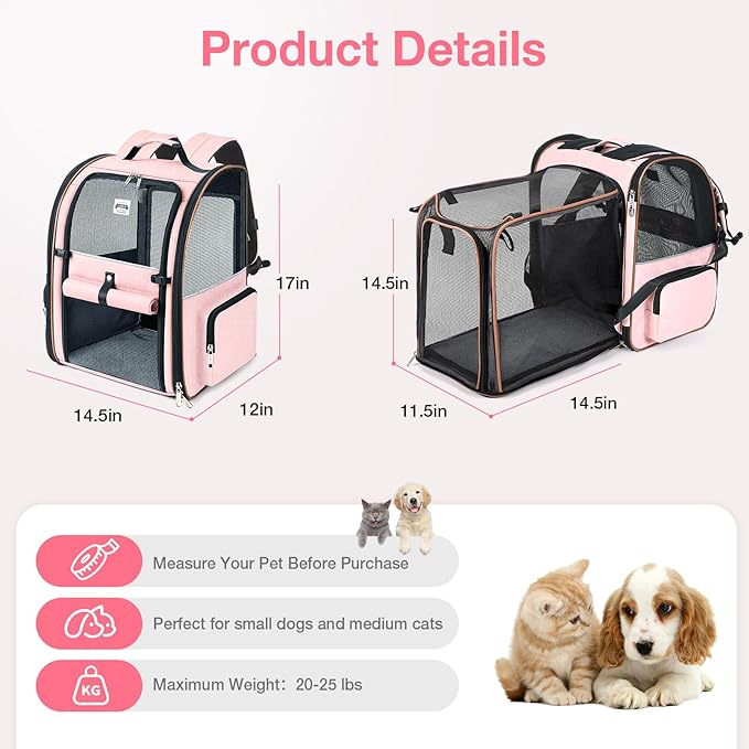 Large Cat Backpack Carrier Expandable Foldable Pet Carrier Backpack for Small Dogs Puppy Medium Cats Fit Up to 18 Lbs for Travel, Hiking,Pink