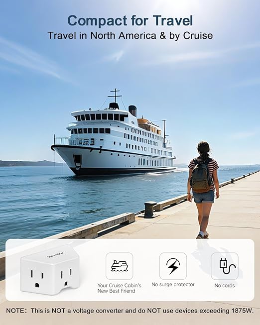 BEONDON 4-Pack Wall Outlet Extender, Small Multi Plug Wall Outlet, 3 Way Angled Outlet Splitter, Cruise Ship Essentials, 3 Prong Grounded Outlet Expander for House, Hotel, Dorm, Hostel