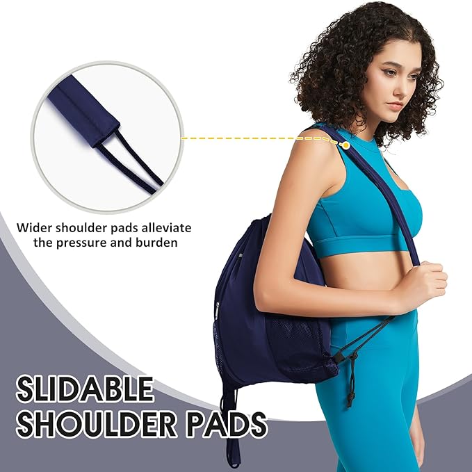WANDF Drawstring Backpack with Shoulder Pad Sports Gym Backpack with Mesh Pocket String Bag for Women Men (Navy Blue)